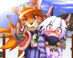  animal_ears blue_eyes blush cat_ears cyber_connect_2 dog_ears elh_melizee little_tail_bronx long_hair orange_hair red_savarin short_hair sky solatorobo white_hair yellow_eyes 