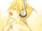  artist_request bare_shoulders blonde_hair hand_on_face hand_on_own_face headphones kagamine_len male male_focus open_mouth ponytail short_hair singing solo topless vocaloid 