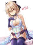  ahoge artoria_pendragon_(all) artoria_pendragon_(lancer_alter) artoria_pendragon_(lancer_alter)_(cosplay) bed_sheet black_bow blonde_hair blush bow breasts brown_eyes choker cleavage cosplay elbow_gloves fate/grand_order fate_(series) floral_print garter_belt gloves hair_between_eyes hair_bow haura_akitoshi large_breasts lingerie looking_at_viewer negligee okita_souji_(fate) okita_souji_(fate)_(all) open_mouth panties purple_gloves purple_legwear purple_panties revealing_clothes royal_icing see-through short_hair sideboob simple_background sitting solo thighhighs underwear white_background 