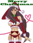  bow bow_tie bowtie breasts brown_hair christmas detached_sleeves earrings female final_fantasy final_fantasy_vii garters green_ribbon hat jewelry long_hair midriff panties red_eyes ribbon santa_costume santa_hat solo thighhighs tifa_lockhart underboob underwear white_background yunban 