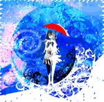  abstract black_hair blush_stickers brown_eyes clock closed_mouth dress expressionless full_body hair_between_eyes head_tilt holding holding_umbrella kazaana long_hair looking_at_viewer original rain red_umbrella solo spiral standing surreal umbrella w_arms water_drop white_skin 