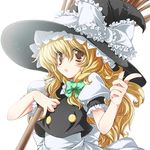  anime_coloring blonde_hair broom brown_eyes colorized gotou_nao hat kirisame_marisa long_hair pointing ribbon simple_background solo touhou witch_hat yui_(daijun) 