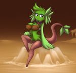  anthro anthrofied bottomless bra breasts closed_smile clothed clothing coconut detailed_background elfdrago female flora_fauna food fruit green_hair hair hi_res jewelry necklace palm_tree plant sea solo tree underwear water 
