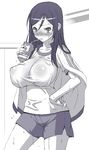  blush breasts covered_nipples fukiyose_seiri greyscale gym_uniform hand_on_hip huge_breasts impossible_clothes impossible_shirt juice_box long_hair monochrome nakamura_yukitoshi nipples puffy_nipples see-through shirt shorts solo to_aru_majutsu_no_index wet wet_clothes 