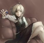  ahoge blonde_hair braid couch crossed_legs hands hiroya_juuren kirisame_marisa no_hat no_headwear open_mouth serious short_hair sitting sketch solo touhou vial yellow_eyes 