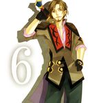  bad_id bad_pixiv_id brown_eyes brown_hair facial_hair gloves male_focus malik_caesars number solo stubble tales_of_(series) tales_of_graces three_plates weapon white_background 