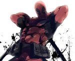  arms_up bag belt belt_pouch bodysuit deadpool kouta_(fxpdj) looking_at_viewer looking_down male_focus marvel muscle pouch red_bodysuit sheath sheathed simple_background skin_tight solo sword unsheathing weapon weapon_on_back white_background 
