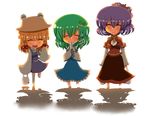  ^_^ backlighting bad_id bad_pixiv_id blonde_hair chibi closed_eyes eating food frog_hair_ornament green_hair groceries hair_ornament hair_ribbon hat kochiya_sanae moriya_suwako multiple_girls popsicle pote_(aonibi_kairou) purple_hair pyonta ribbon shadow shiny shiny_hair short_hair simple_background touhou yasaka_kanako 