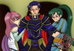  1boy 2girls :p angry arm_grab armor belt blue_hair blush cape cleric dress elbow_gloves fight fighting fire_emblem fire_emblem:_rekka_no_ken fire_emblem_blazing_sword gauntlets gloves green_eyes green_hair hector hector_(fire_emblem) irony jealous long_hair lyn lyndis_(fire_emblem) male multiple_girls open_mouth pink_hair ponytail poorly_drawn purple_eyes scarf serra serra_(fire_emblem) sweat tongue torment twintails 