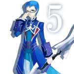  adjusting_eyewear bad_id bad_pixiv_id blue_eyes blue_hair glasses hubert_ozwell male_focus number solo sword tales_of_(series) tales_of_graces three_plates weapon white_background 