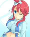  blue_eyes breasts fuuro_(pokemon) gym_leader hair_ornament kuro_(be_ok) large_breasts midriff navel one_eye_closed pokemon pokemon_(game) pokemon_bw red_hair solo 