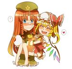  2girls :d ^_^ bandages blonde_hair blue_eyes blush bow carrying closed_eyes fang flandre_scarlet flower happy hat heart hong_meiling long_hair multiple_girls open_mouth pote_(aonibi_kairou) red_hair side_ponytail simple_background smile spoken_heart touhou upper_body wings 