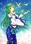  bad_id bad_pixiv_id bird detached_sleeves frog green_eyes green_hair hair_ornament kochiya_sanae long_hair midriff petals snake solo touhou yorda_(koyorda) 