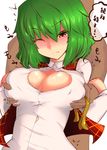  blush breast_grab breasts bursting_breasts cleavage grabbing green_hair groping highres kazami_yuuka large_breasts plaid plaid_vest red_eyes roki_(hirokix) shadow_man short_hair solo_focus tears touhou translated vest wince 