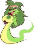  between_breasts big_breasts breast_squish breasts female green_areola green_hair green_nipples hair headband improvised_sex_toy long_tongue naga navel nipples nude plantpenetrator reptile scalie simple_background snake solo tongue white_background yellow_eyes 