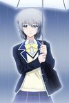  bag blazer blue_eyes grey_hair jacket kyouno_rhythmy plaid plaid_skirt pleated_skirt rain school_uniform shopyun short_hair skirt solo sweater tokimeki_memorial tokimeki_memorial_4 umbrella 