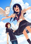  1girl animal_on_arm bird bird_on_arm blue_hair brown_hair cloud day glasses meina_no_fukurou midriff mizu_asato open_mouth outstretched_arms owl red_eyes school_uniform serafuku skirt sky smile spread_arms 