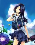  bag black_hair cellphone_charm cloud day flower highres long_hair looking_back morning_glory purple_eyes sanada_yukimura_(sengoku_musou) saryou school_bag school_uniform sengoku_musou shinohara_natsuki sky solo summer_wars watch weapon_bag wristwatch 