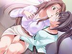  2girls blush brown_hair couch eyes_closed fingering game_cg glasses green_eyes incipient_kiss kiss kissing lesbian long_hair misshitsu_no_wakatsuma_choukyou multiple_girls ponytail sitting sofa source_request sweat up_skirt upskirt yuri 