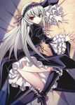  ass boots dress flower frills from_above hairband knee_boots long_hair looking_back lying no_panties purple_flower purple_rose red_eyes rose rozen_maiden shimamoto_utsumi silver_hair skirt skirt_lift solo suigintou thighs white_hair 