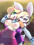  2019 alternate_species anthro assisted_exposure blonde_hair blue_eyes breasts clothed clothing digital_media_(artwork) female gloves hair hariet_(mario) lagomorph mammal mario_bros nintendo nipples non-mammal_breasts open_mouth princess_koopa princess_peach rabbit red_eyes reptile scalie smile tsampikos turtle video_games 