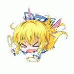  &gt;_&lt; blonde_hair blush_stickers chakram chibi closed_eyes collet_brunel commentary_request dojikko long_hair milkpanda solo tales_of_(series) tales_of_symphonia tripping weapon white_background wings 