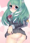  alternate_costume ass backpack bad_id bad_pixiv_id bag blush cum cum_in_clothes cum_in_panties cum_in_pussy cumdrip frog green_eyes green_hair hair_ornament highres keychain kochiya_sanae long_hair looking_back moriya_suwako panties school_uniform shiori_(moechin) snake solo touhou underwear upskirt white_panties 