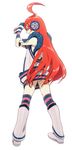  ahoge boots dress gloves grin headphones highres kneepits long_hair multicolored multicolored_clothes multicolored_legwear naya_(448) red_eyes red_hair sf-a2_miki smile socks solo standing striped striped_legwear vocaloid wrist_cuffs 