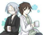  bad_id bad_pixiv_id brown_eyes brown_hair chibi closed_eyes cup facial_hair glasses japanese_clothes labcoat male_focus mug multiple_boys muroi_seishin ozaki_toshio shiki silver_hair simple_background sitting smile stubble 