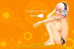  bad_id bad_pixiv_id bikini bikini_tan breasts character_name from_side hanasaki headphones large_breasts looking_to_the_side nitroplus open_mouth orange_background pink_hair red_eyes side-tie_bikini sideboob solo super_sonico swimsuit tan tanline topless 