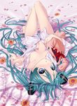  aqua_hair barefoot blue_eyes dress_shirt flower hatsune_miku long_hair lying on_back open_clothes open_shirt panties petals pillow sentoiro shirt solo striped striped_panties stuffed_animal stuffed_bunny stuffed_toy twintails underwear very_long_hair vocaloid 