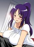  blush breast_press breasts huge_breasts marugoshi_teppei ookura_miyako ponytail purple_hair red_eyes smile solo_focus tokimeki_memorial tokimeki_memorial_4 