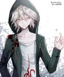  1boy @ artist_name collarbone commentary_request danganronpa dice eyebrows_visible_through_hair green_hoodie green_jacket grey_eyes hair_between_eyes hand_up hood hoodie jacket komaeda_nagito looking_to_the_side messy_hair number open_clothes open_hoodie shirt smile solo super_danganronpa_2 upper_body white_hair white_shirt z-epto_(chat-noir86) 