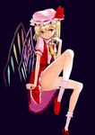  ascot bad_proportions blonde_hair fangs flandre_scarlet hat leg_up red_eyes ribbon side_ponytail simple_background sitting solo touhou wings yaten 