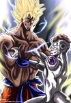  blonde_hair blue_eyes broken_arm cigarette dragon_ball dragon_ball_z frieza highres injury long_hair male_focus multiple_boys muscle pinky_out son_gokuu suan-yi-wu super_saiyan 