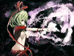  arm_ribbon bow breasts expressionless frills front_ponytail green_hair hair_bow hair_ribbon hands highres kagiyama_hina medium_breasts nail_polish outstretched_arm profile red_eyes red_nails ribbon short_hair solo touhou underboob yudough 