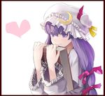 bad_id bad_pixiv_id book book_hug border chirigami-san colored_eyelashes crescent expressionless eyelashes hat heart holding holding_book long_hair patchouli_knowledge purple_eyes purple_hair solo touhou windowboxed 