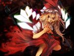  apple bad_hands bad_id bad_pixiv_id blonde_hair dress flandre_scarlet food fruit glowing hat holding holding_food holding_fruit korukori open_mouth red_eyes side_ponytail slit_pupils solo touhou wings 