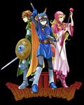  2boys armor blonde_hair boots chainmail dragon_quest dragon_quest_ii gloves goggles goggles_on_head high_heels hinafuru hood long_hair multiple_boys prince_of_lorasia prince_of_samantoria princess_of_moonbrook purple_eyes shield shoes staff sword weapon 