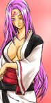  ahomira alternate_hairstyle amputee baiken breasts cleavage facial_mark guilty_gear hair_down japanese_clothes kimono large_breasts long_hair one-eyed pink_eyes pink_hair scar scar_across_eye tattoo 