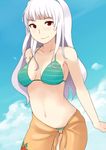  aqua_bikini bad_id bad_pixiv_id bikini breasts cleavage day hairband idolmaster idolmaster_(classic) katakura_supipi large_breasts long_hair orange_sarong print_sarong sarong shijou_takane silver_hair smile solo striped striped_bikini swimsuit 