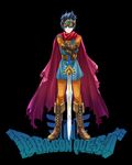  black_background boots cape circlet copyright_name dragon_quest dragon_quest_iii gloves hinafuru logo male_focus roto solo spiked_hair sword weapon 