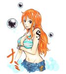  bangle bikini_top bracelet breast_hold breasts denim earrings jeans jewelry log_pose long_hair nami_(one_piece) navel one_piece orange_hair pants solo tattoo 