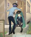  2boys analog_clock bad_id bad_pixiv_id belt blue_hair blurry brick_wall clock closed_eyes corded_phone crossed_arms depth_of_field from_behind grass green_hair hat hatsune_miku high_heels highres kaito kamui_gakupo long_hair multiple_boys necktie outdoors pencil_skirt phone police police_hat police_uniform policewoman running_bond sama shoes skirt thighhighs twintails uniform very_long_hair vocaloid wall_clock zettai_ryouiki 