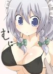  bikini_top blue_eyes braid breast_grab breasts grabbing highres izayoi_sakuya medium_breasts ribbon satou_makura silver_hair solo touhou twin_braids upper_body 