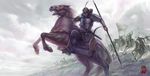  armor army battle bow_(weapon) cavalry flag helmet horse horseback_riding leeshingyu male_focus original polearm rearing riding solo spear sword war weapon 