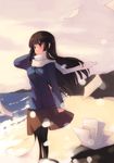  adjusting_hair akiyama_mio bad_id bad_pixiv_id bangs beach black_eyes black_hair blunt_bangs book coat flying_paper hime_cut k-on! long_hair ocean pantyhose paper scarf skirt solo xiangtu 