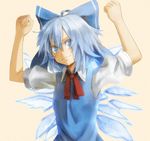  2ch arms_up bad_id bad_pixiv_id blue_eyes blue_hair bow cirno clenched_hands colombia_pose hair_bow korukori meme neck_ribbon ribbon short_hair solo touhou wings 