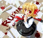  baseball_bat blonde_hair blush broken_glass character_name club dead_rising dead_rising_2 finger_licking glass hair_ribbon highres hiiragi_tomoka ketchup licking nail nail_bat red_eyes ribbon rumia short_hair solo tomato_sauce tongue touhou weapon wrench 