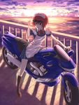  ground_vehicle kaeru_(kaerism) maid motor_vehicle motorcycle original red_hair short_hair solo sunglasses sunset 